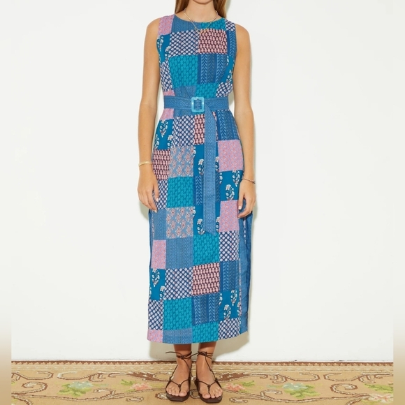 BOTEH Cedella Low-Back 100% Cotton Midi Dress, Patchwork Aquamarine Motif, Sz 4 - Picture 5 of 16